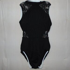 Mirella Black Flowers Mesh Zip Leotard M